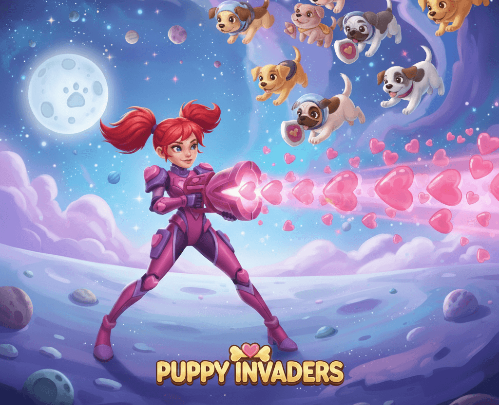 Puppy Invaders game artwork with a space hero and puppies