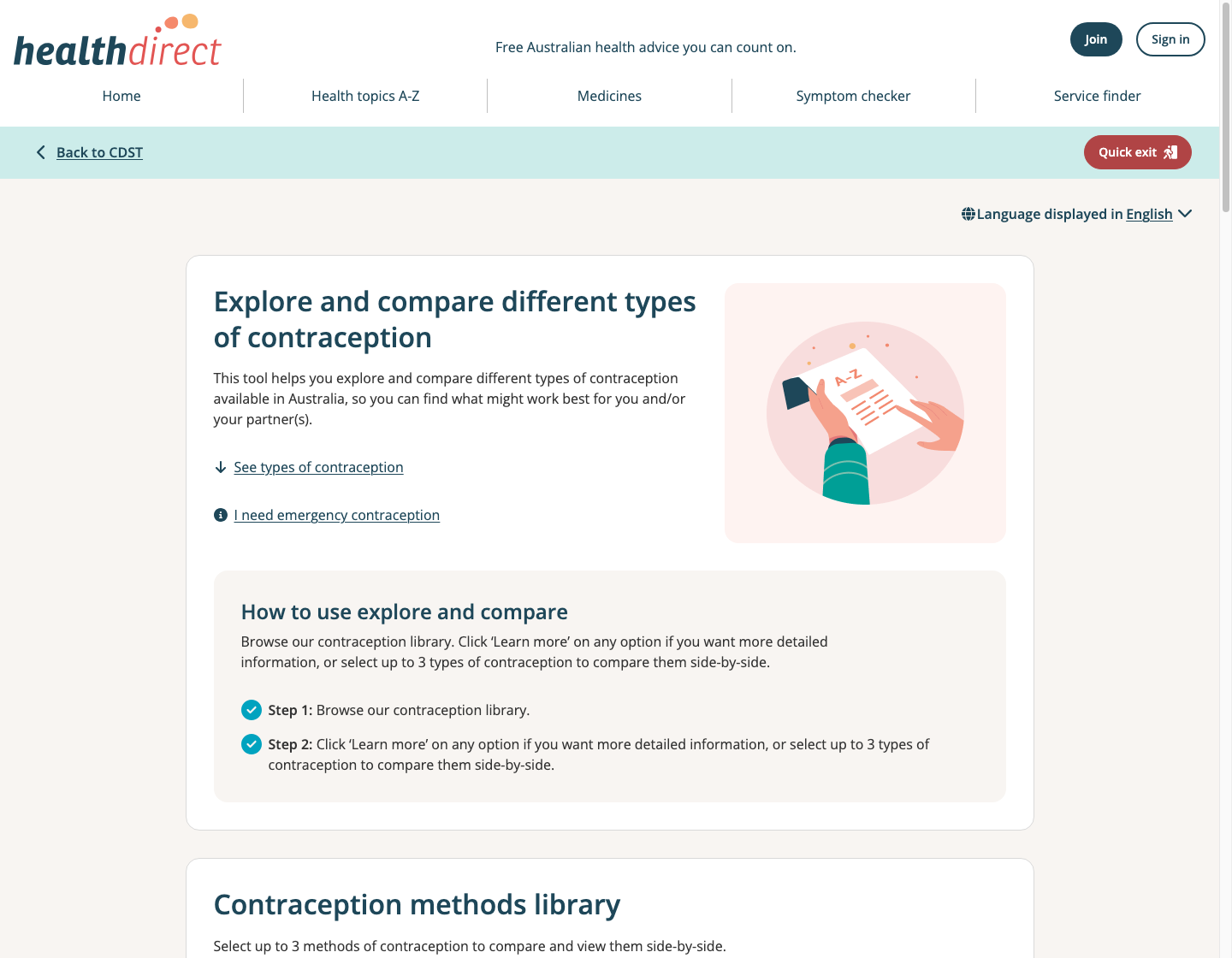 Healthdirect contraception methods library page