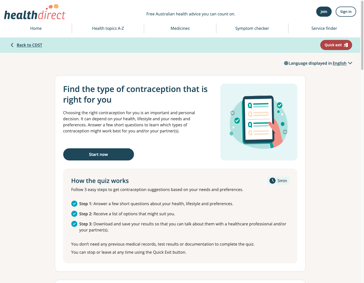 Healthdirect contraception option finder quiz landing page