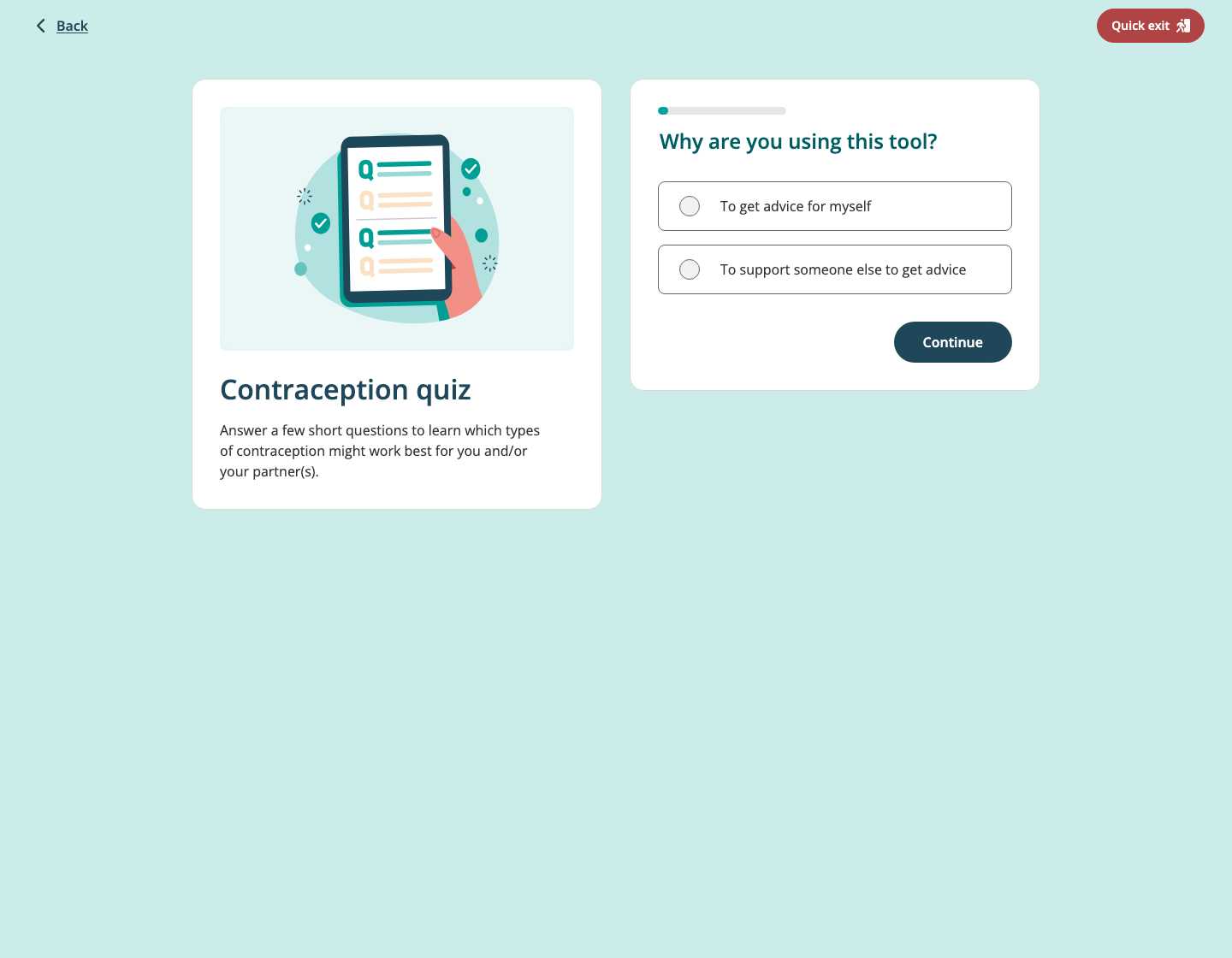 Healthdirect contraception quiz question screen